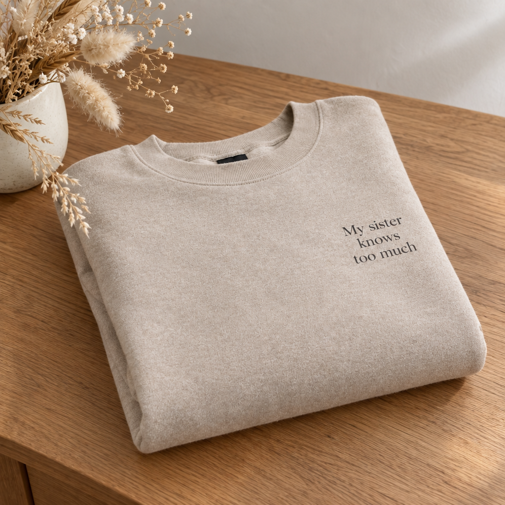 Stone grey crewneck sweatshirt folded on a wooden surface with small slogan print