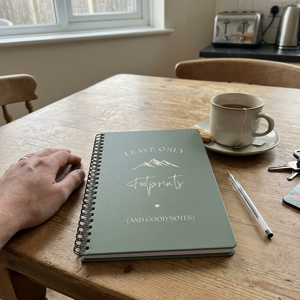 A5 hiking notebook with teal cover, spiral binding, footprints and mountain lettering