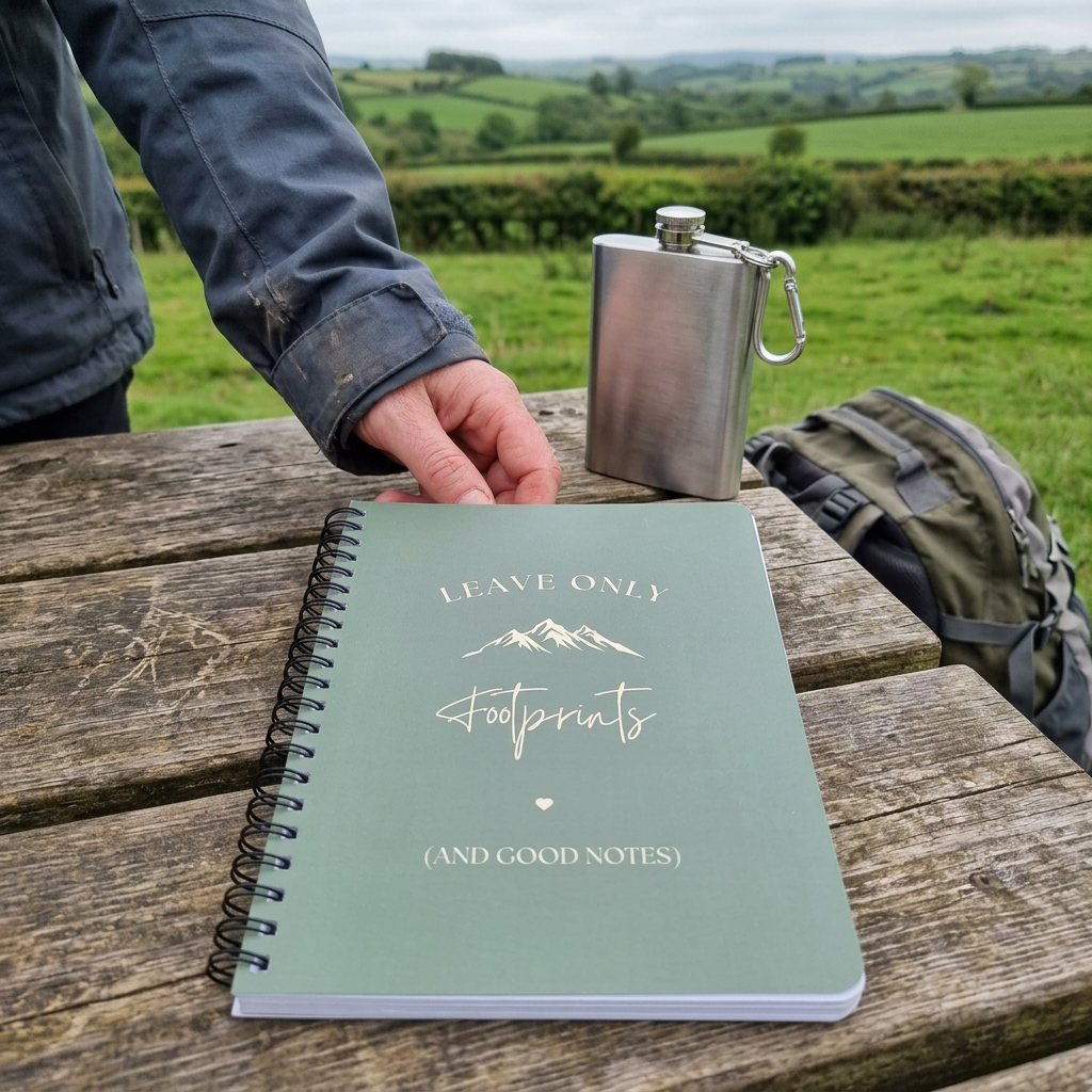 A5 hiking notebook with mint-green cover, spiral binding, footprints and mountain text