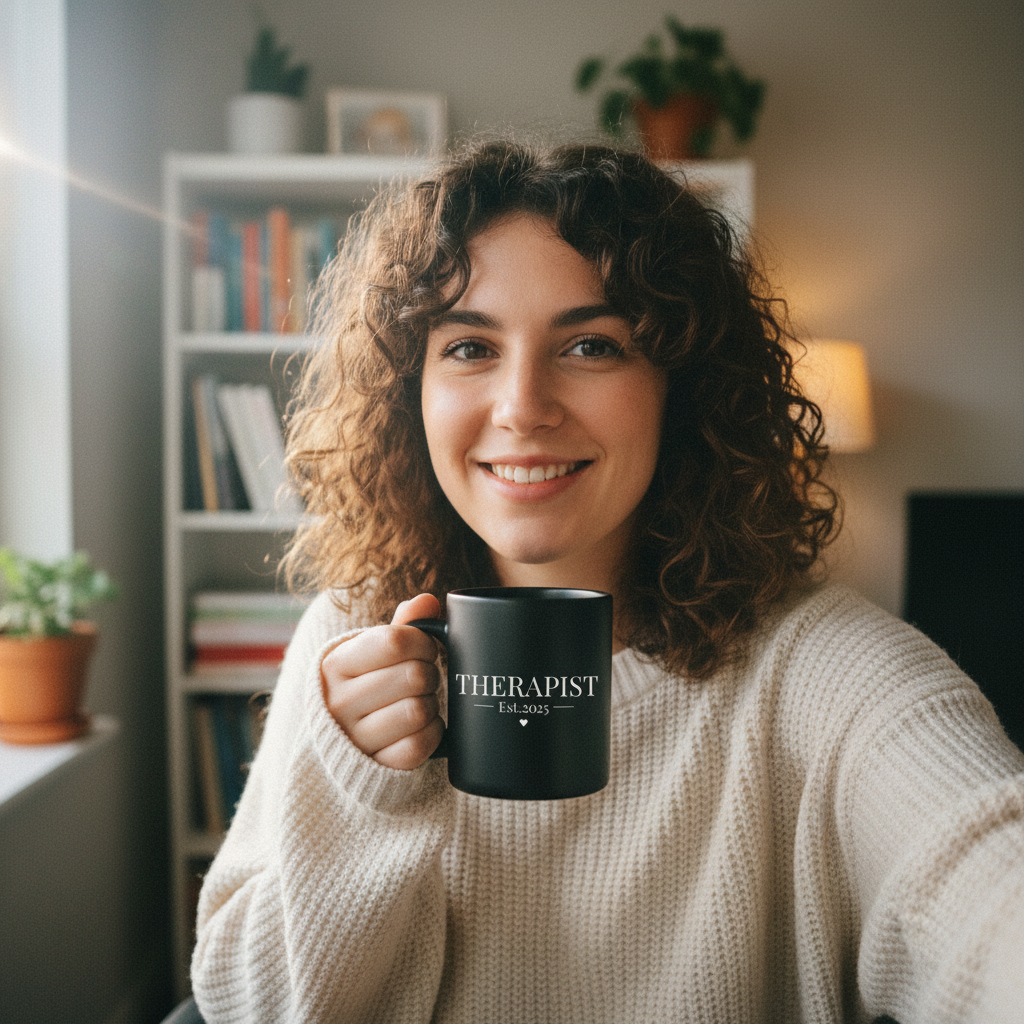 Black mug labeled "THERAPIST" with "Est.2025" and a heart