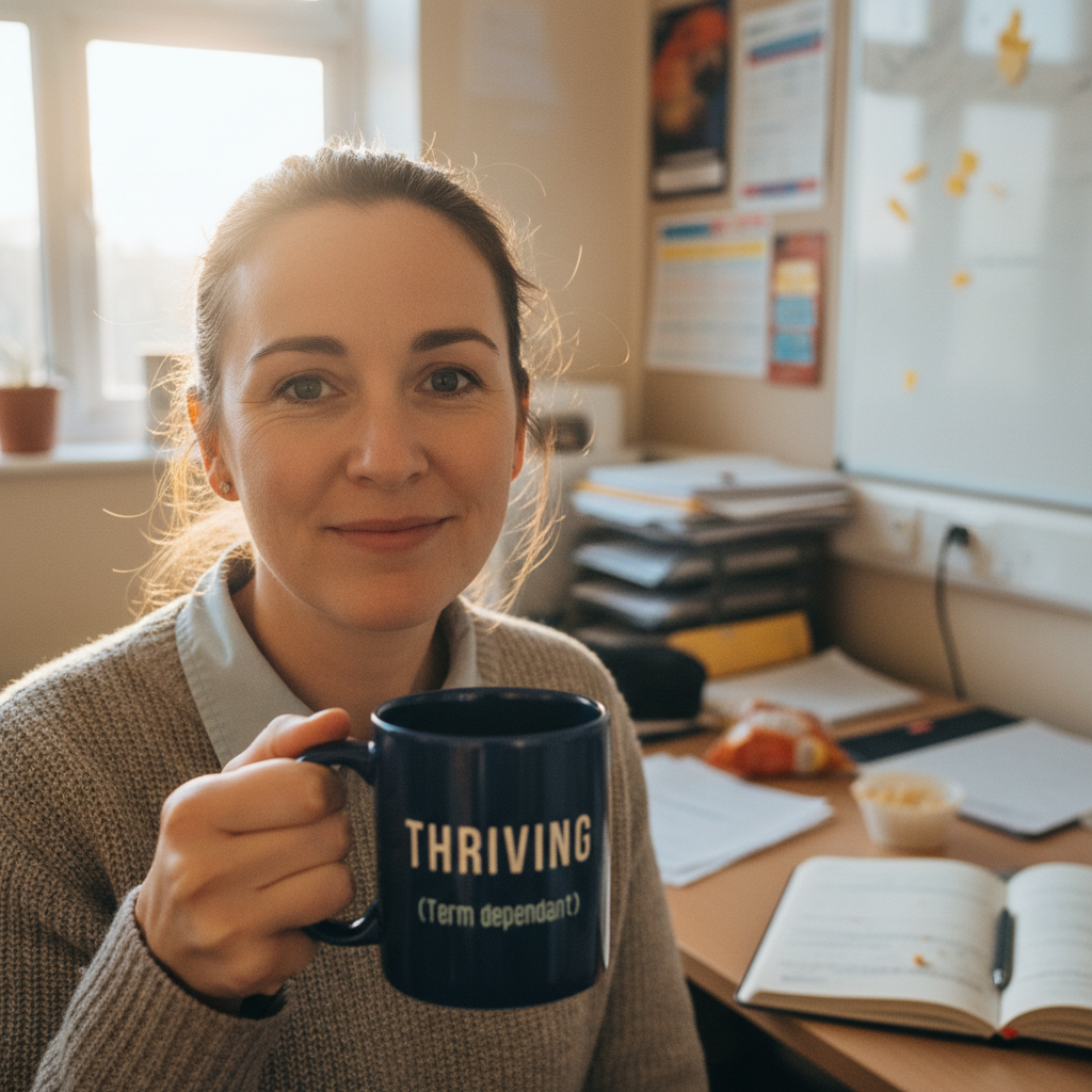 Navy coffee mug near face with THRIVING (Term dependant) text