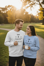 Light blue and gray personalized crewneck sweatshirts with names Lily and Tom and graphic