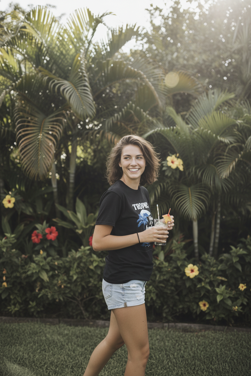 Black crew-neck T-shirt with tropical chair graphic and text print