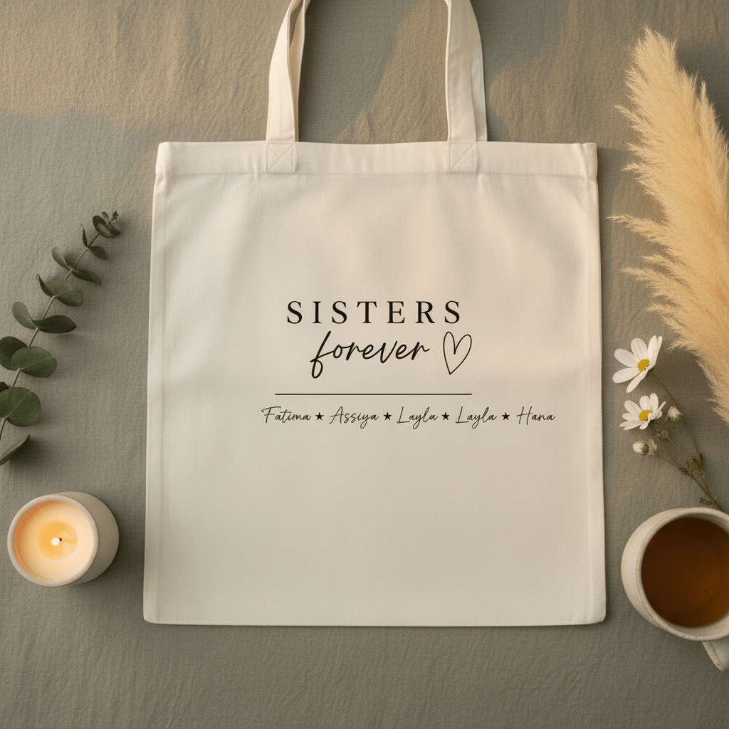 White cotton tote bag with “SISTERS forever” graphic and small name lines