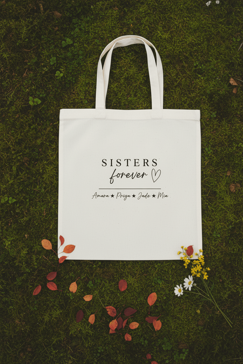 White tote bag laid flat with “SISTERS forever” print on front