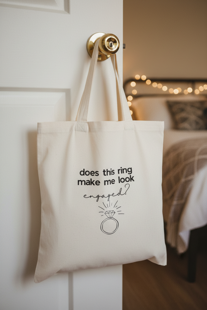 Cream cotton tote bag with ring icon and 'does this ring make me look engaged?'.