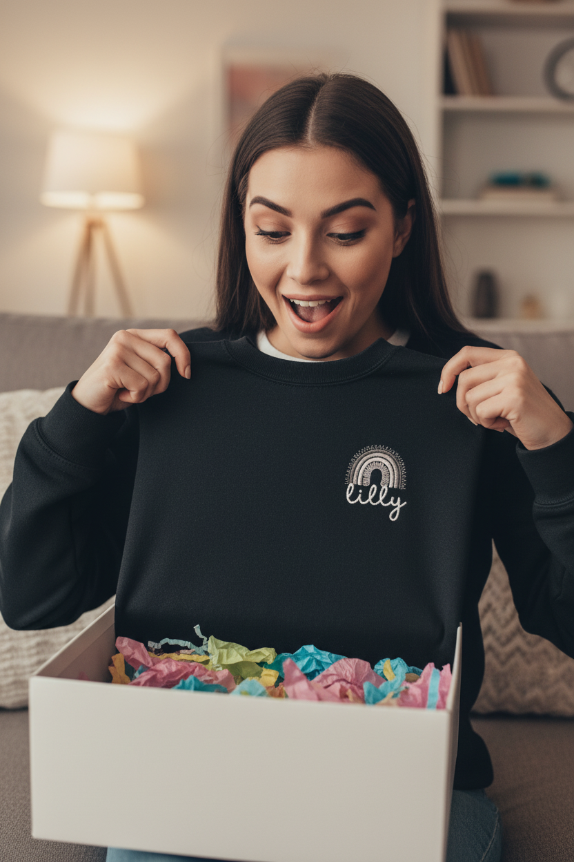 Black custom name sweatshirt with embroidered rainbow arch logo: lily