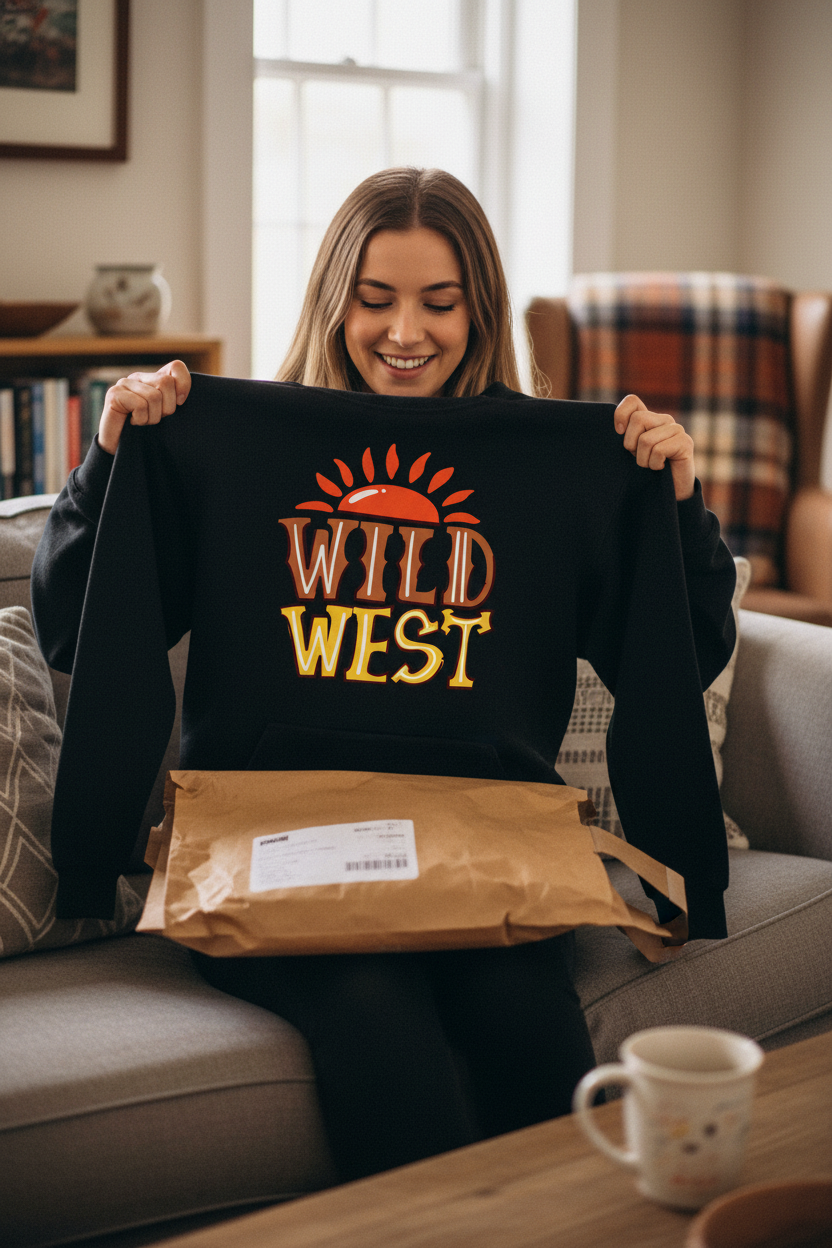 Black hoodie with large Wild West graphic print on the chest