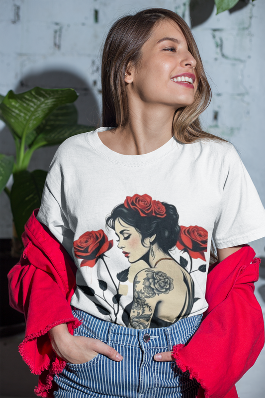 Roses & Woman Tattoo T-Shirt