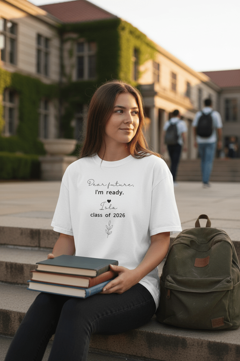 White graduation T-shirt with 'Dear future, I'm ready' graphic and class of 2026