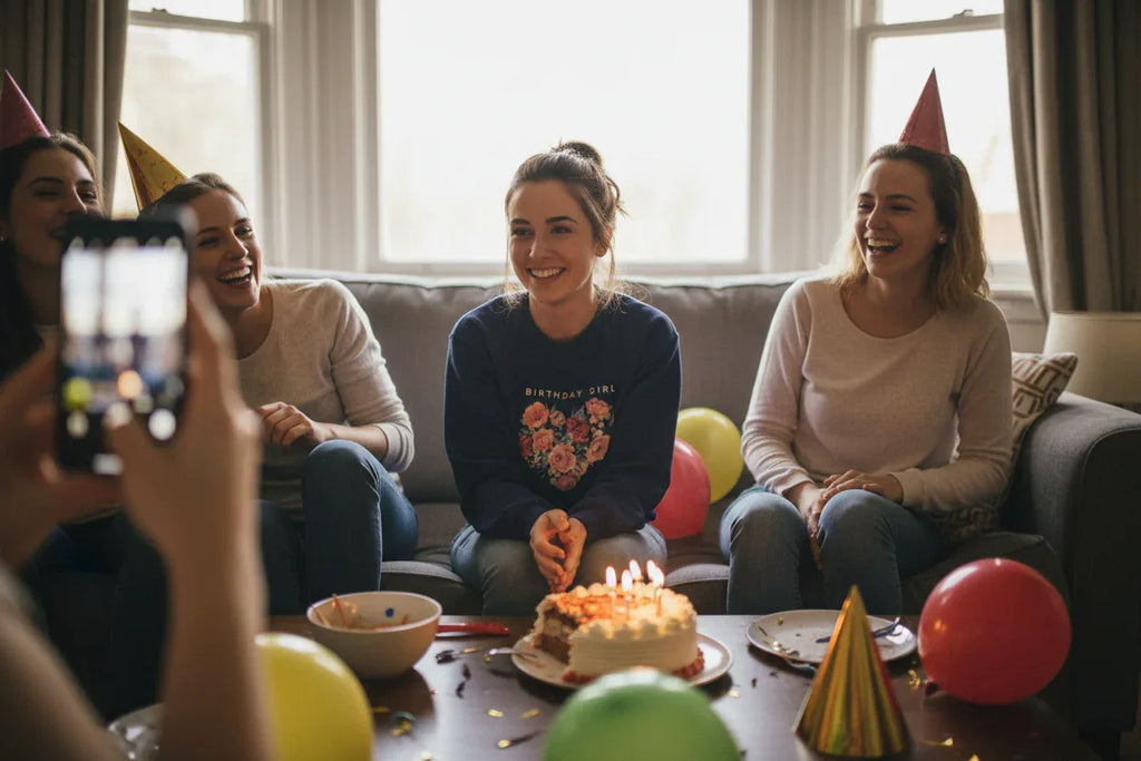 Dark sweatshirt with “BIRTHDAY GIRL” text and floral heart graphic
