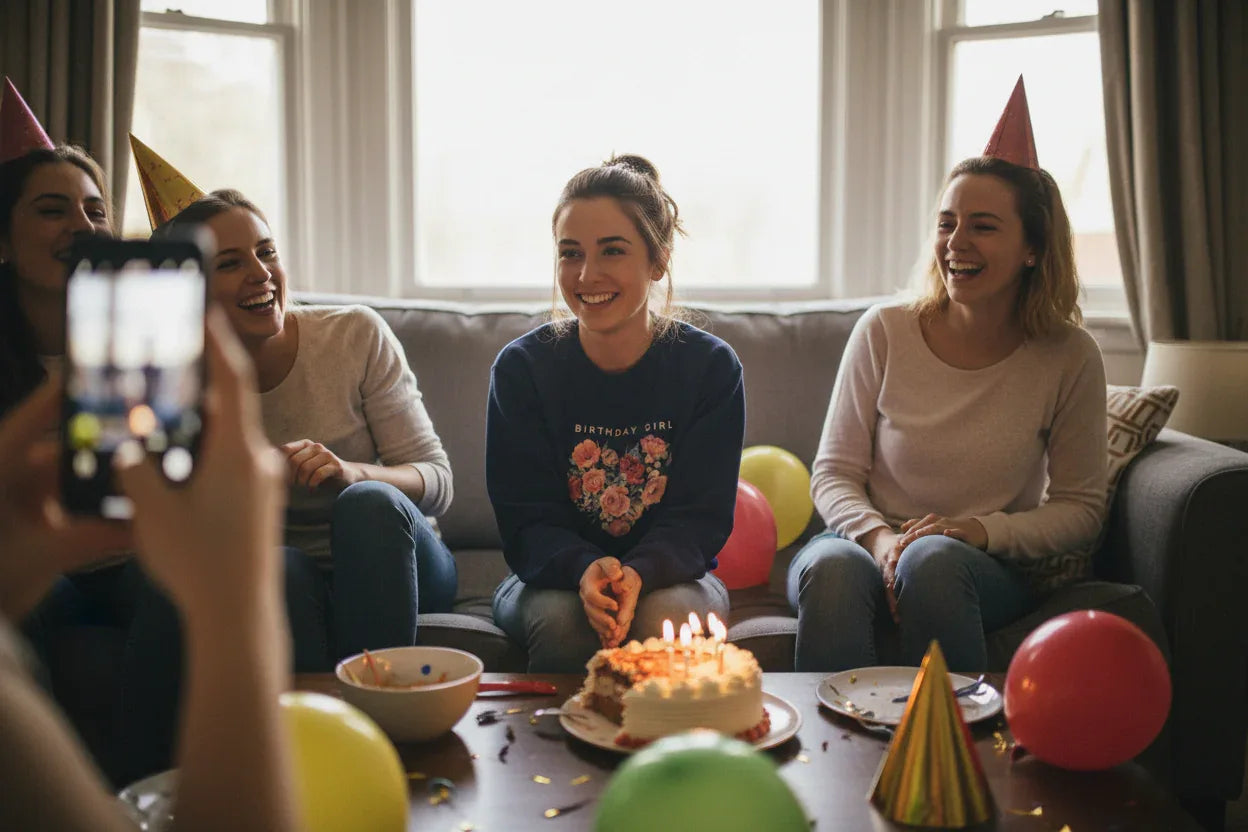 Dark sweatshirt with “BIRTHDAY GIRL” text and floral heart graphic