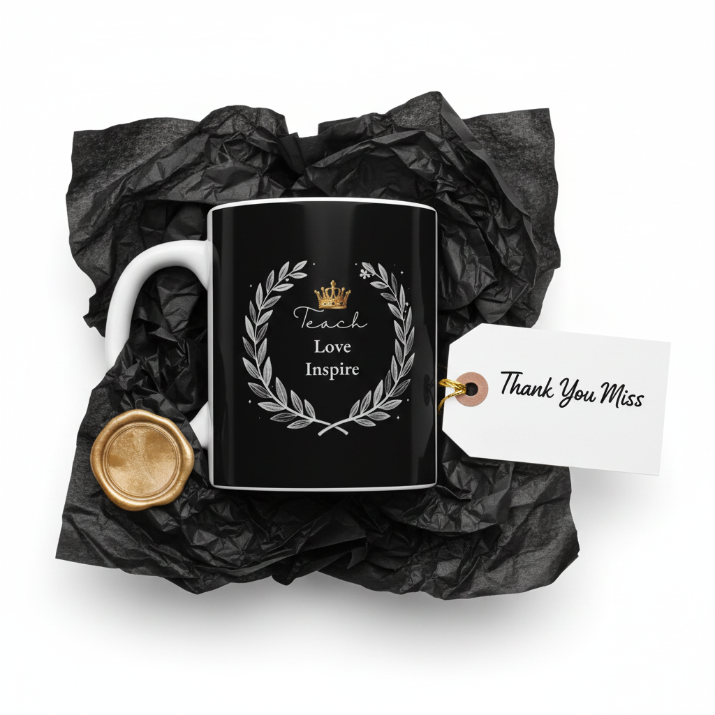 Black mug with 'Teach Love Inspire' print, with gift wrap and thank-you tag