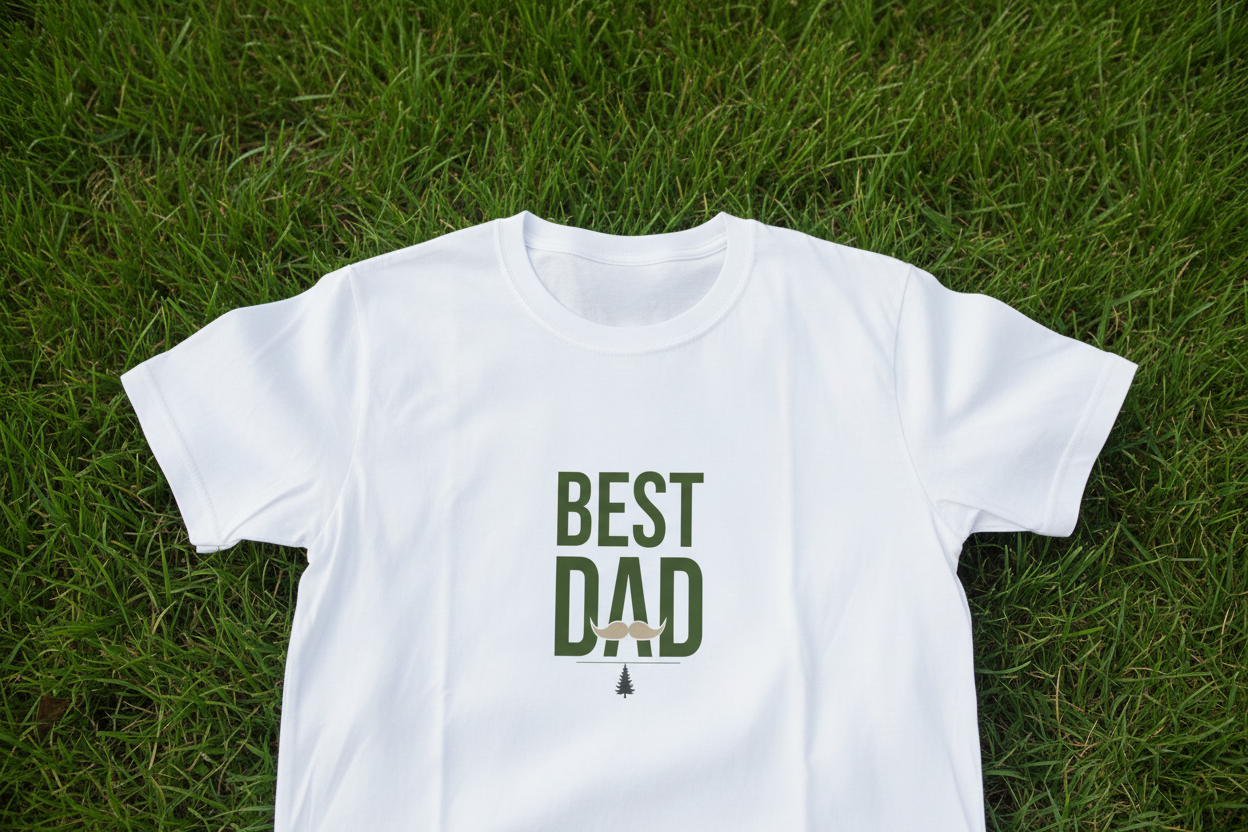 White dad T-shirt with green 'Best Dad' typography on chest