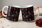 Pair of personalised mugs, black with pink XO and red hearts, white handles