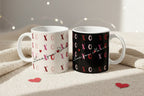 White ceramic mug with red XO pattern and “Love” script around the rim