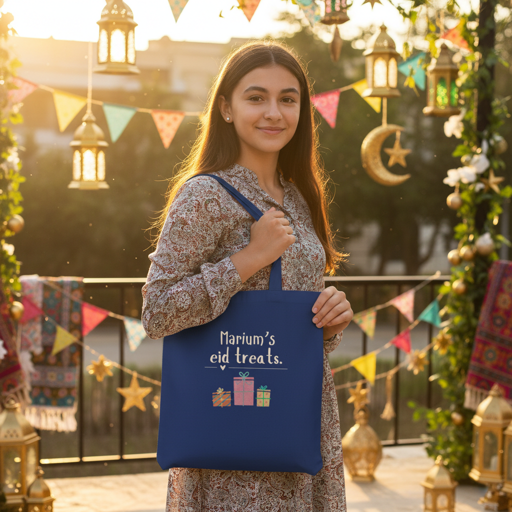 Blue cotton tote bag with handles and “Marium’s eid treats” text and gift icons.