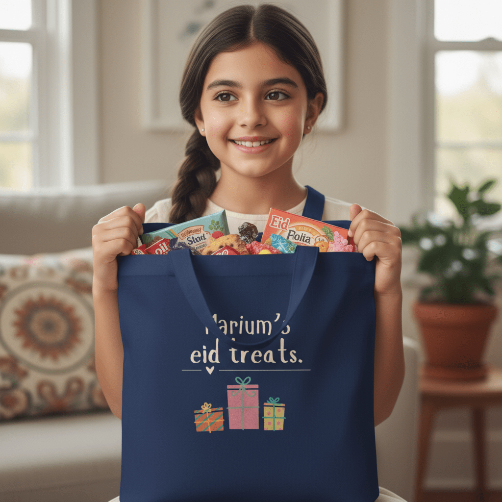 Blue cotton tote bag with “Marium’s eid treats” text and gift icons, held by a child