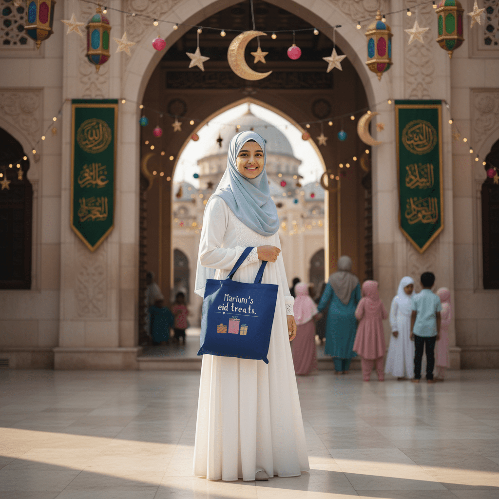 Navy blue cotton tote bag with handles and “Marium’s eid treats” print.