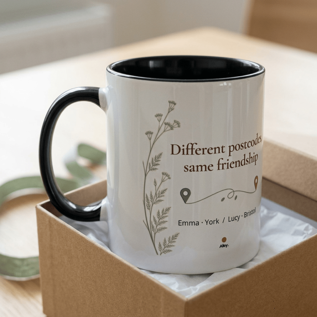 Personalised Long Distance Friendship Mug – Different Postcodes - #AlleyCrafters