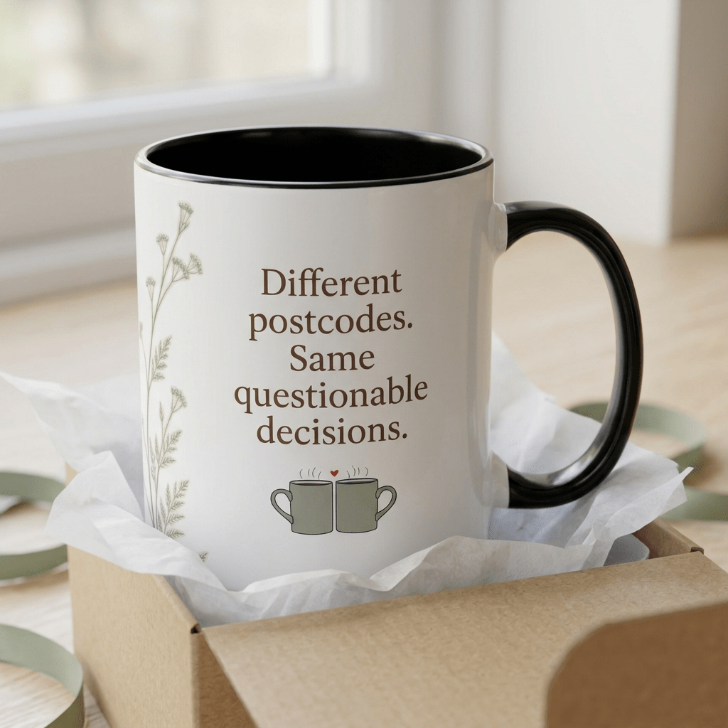Personalised Long Distance Friendship Mug – Different Postcodes - #AlleyCrafters