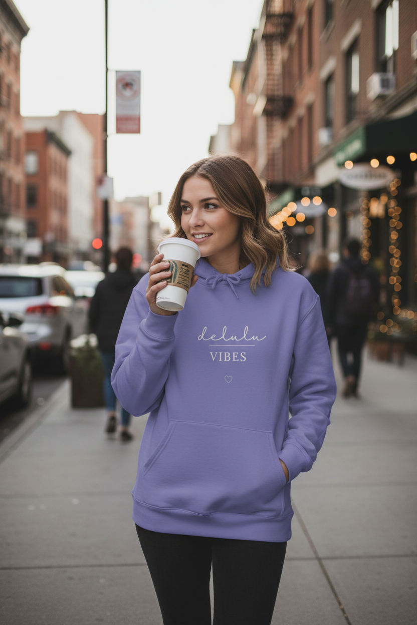 Purple hoodie with drawstring hood and “delulu VIBES” chest print
