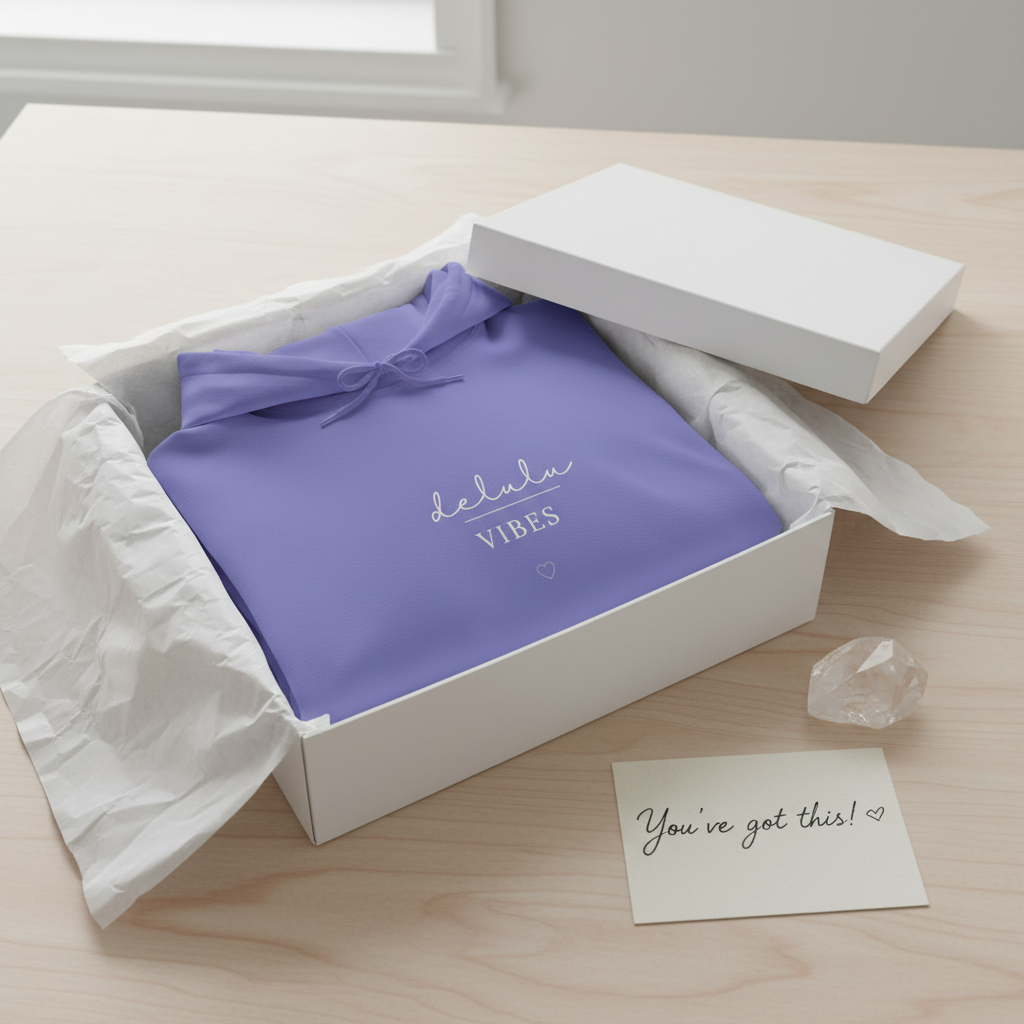 Violet hoodie in gift box with hood and “delulu VIBES” logo on the chest
