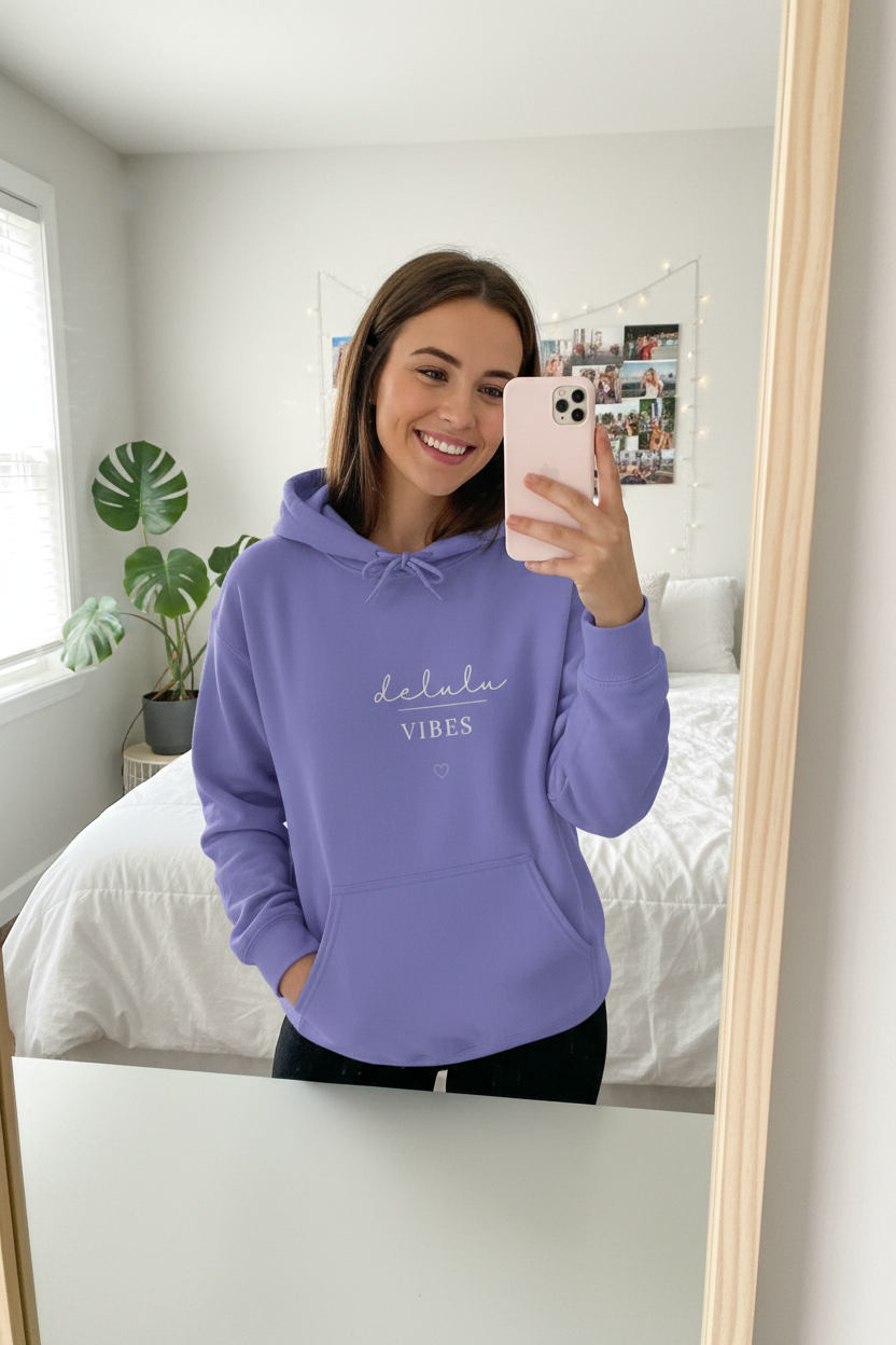 Violet hoodie with hood, kangaroo pocket, and “delulu VIBES” front print