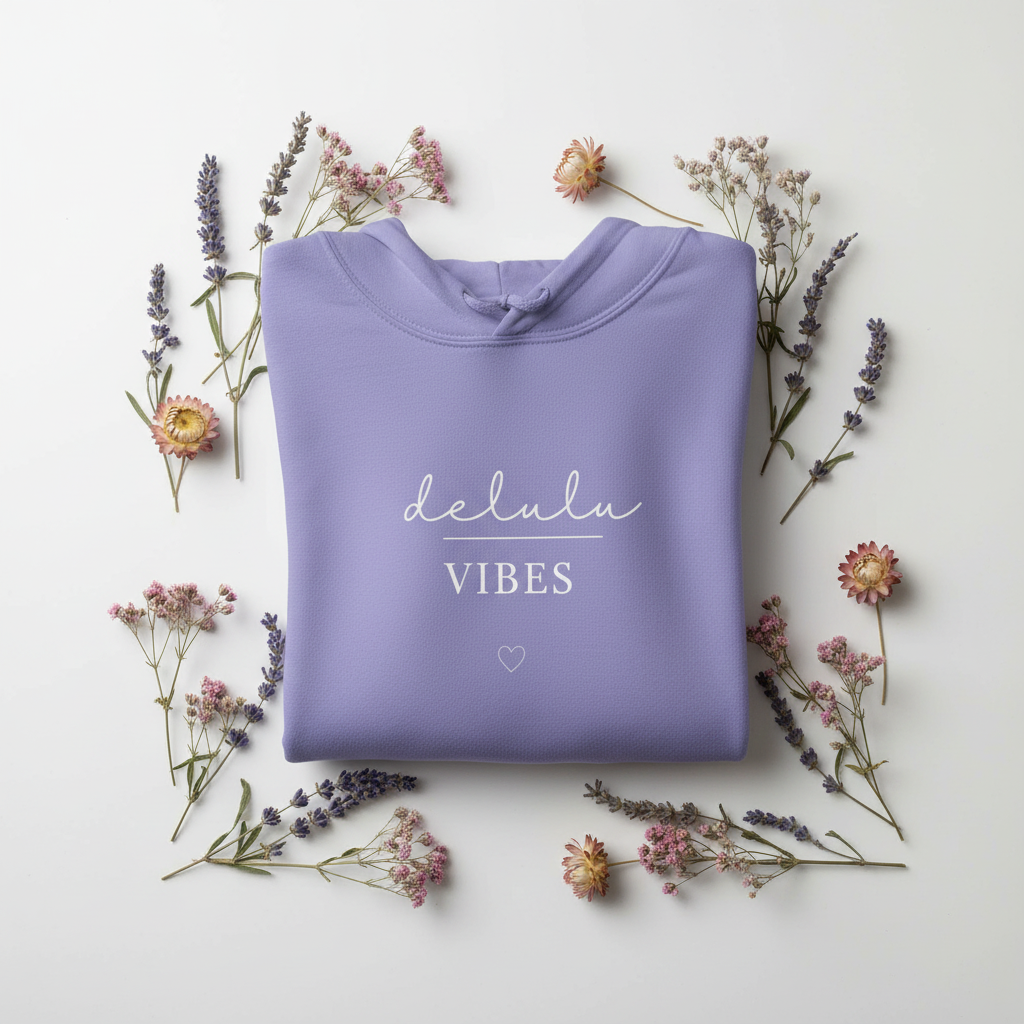Lavender hoodie with drawstring hood and “delulu vibes” slogan with small heart