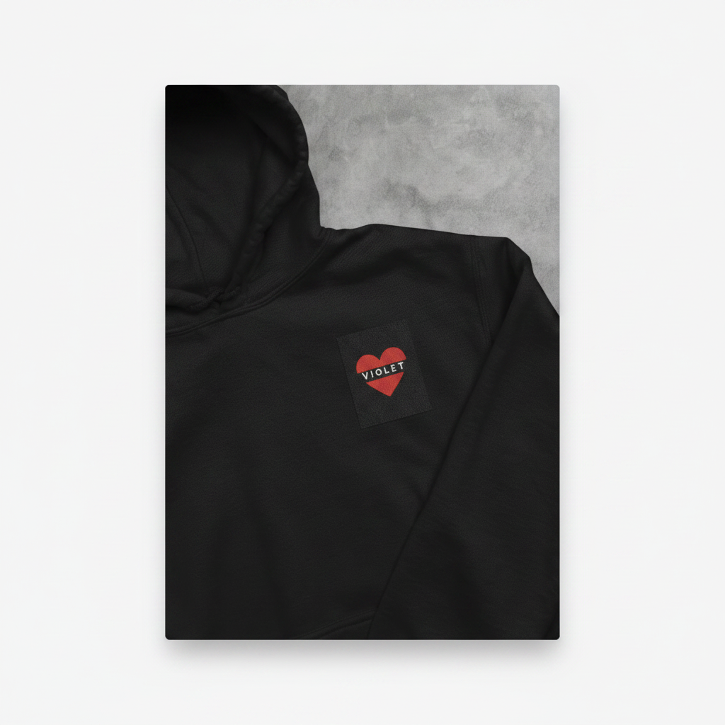 Black hoodie with small red heart patch 'VIOLET' on the upper chest