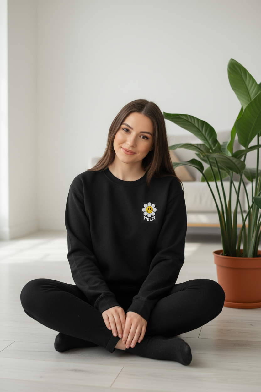 Black sweatshirt with small embroidered flower smile patch on the chest, worn while seated