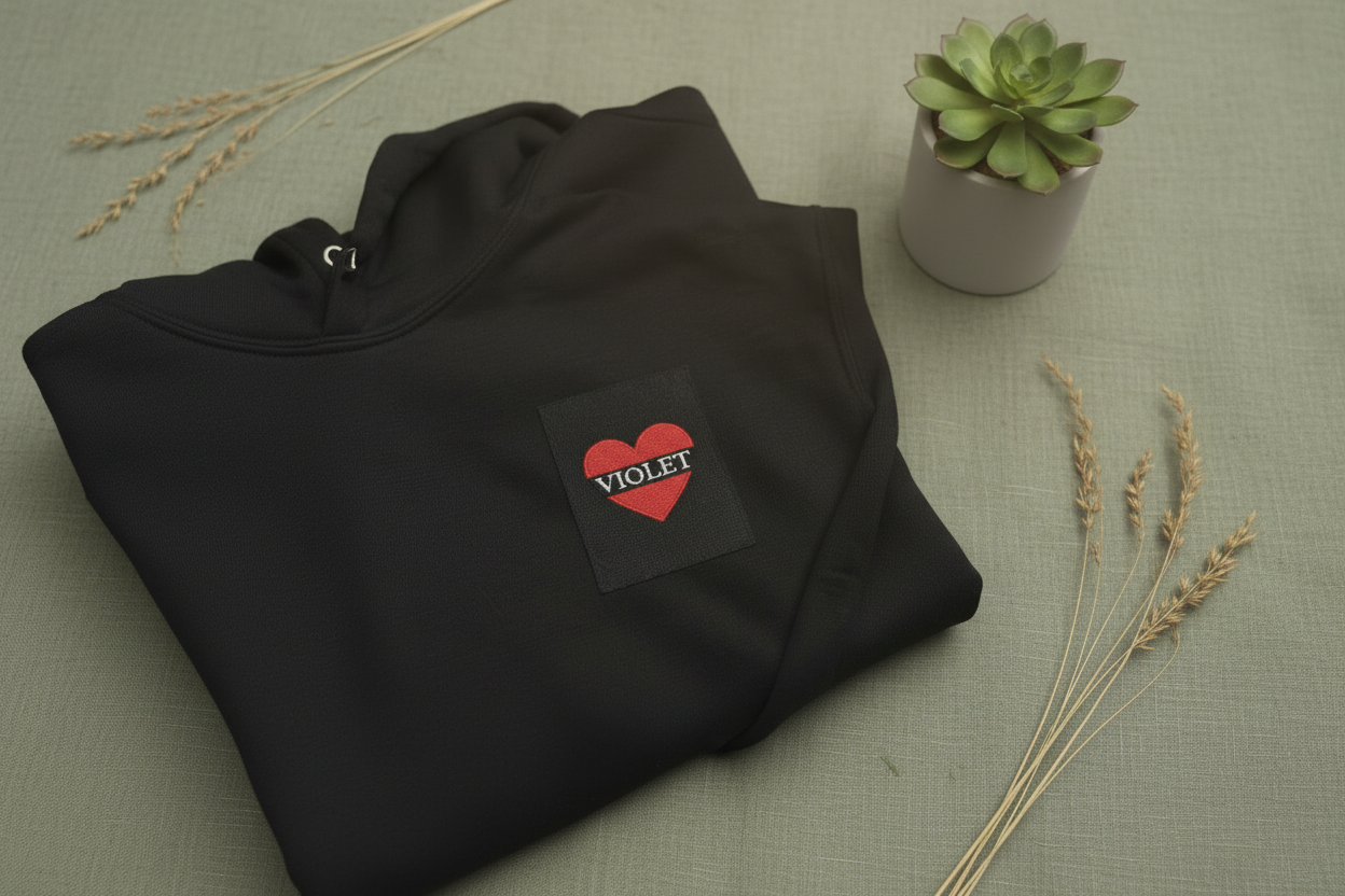 Black hoodie with red heart patch embroidery on the chest, zip-up front