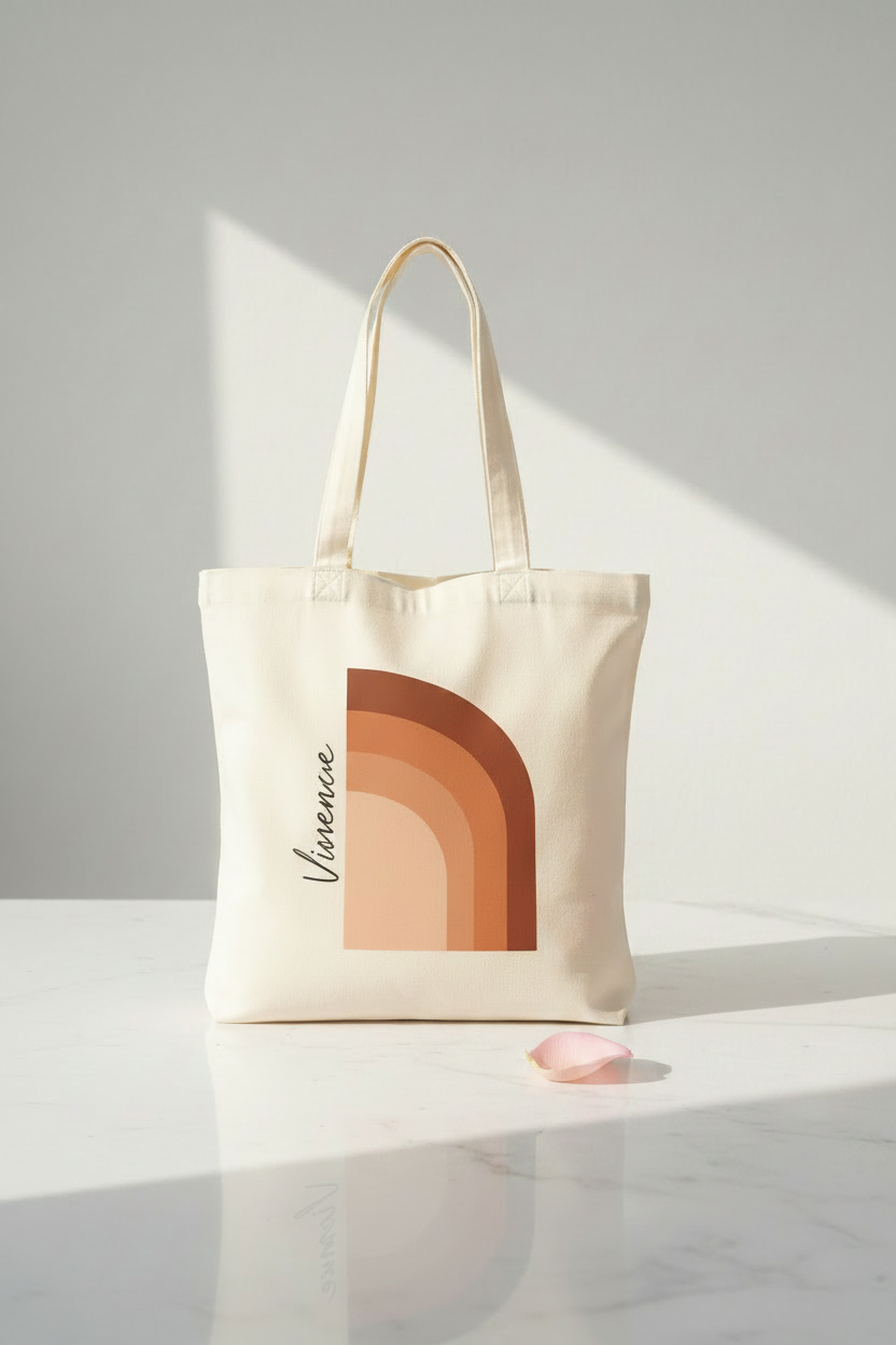 White cotton tote bag with terracotta arch print, front view