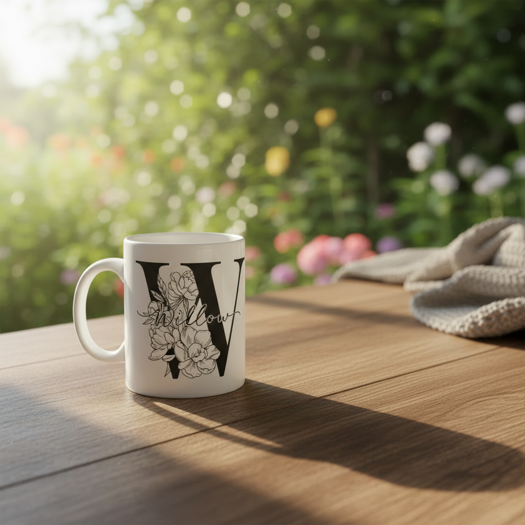 White mug with black Willow name and floral outline, on wooden table