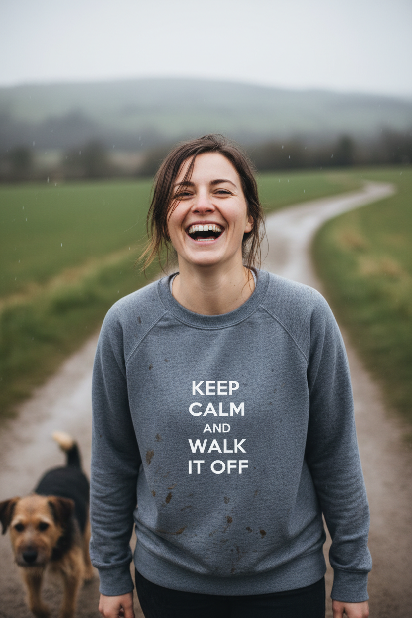 Heather gray sweatshirt with white text: KEEP CALM AND WALK IT OFF