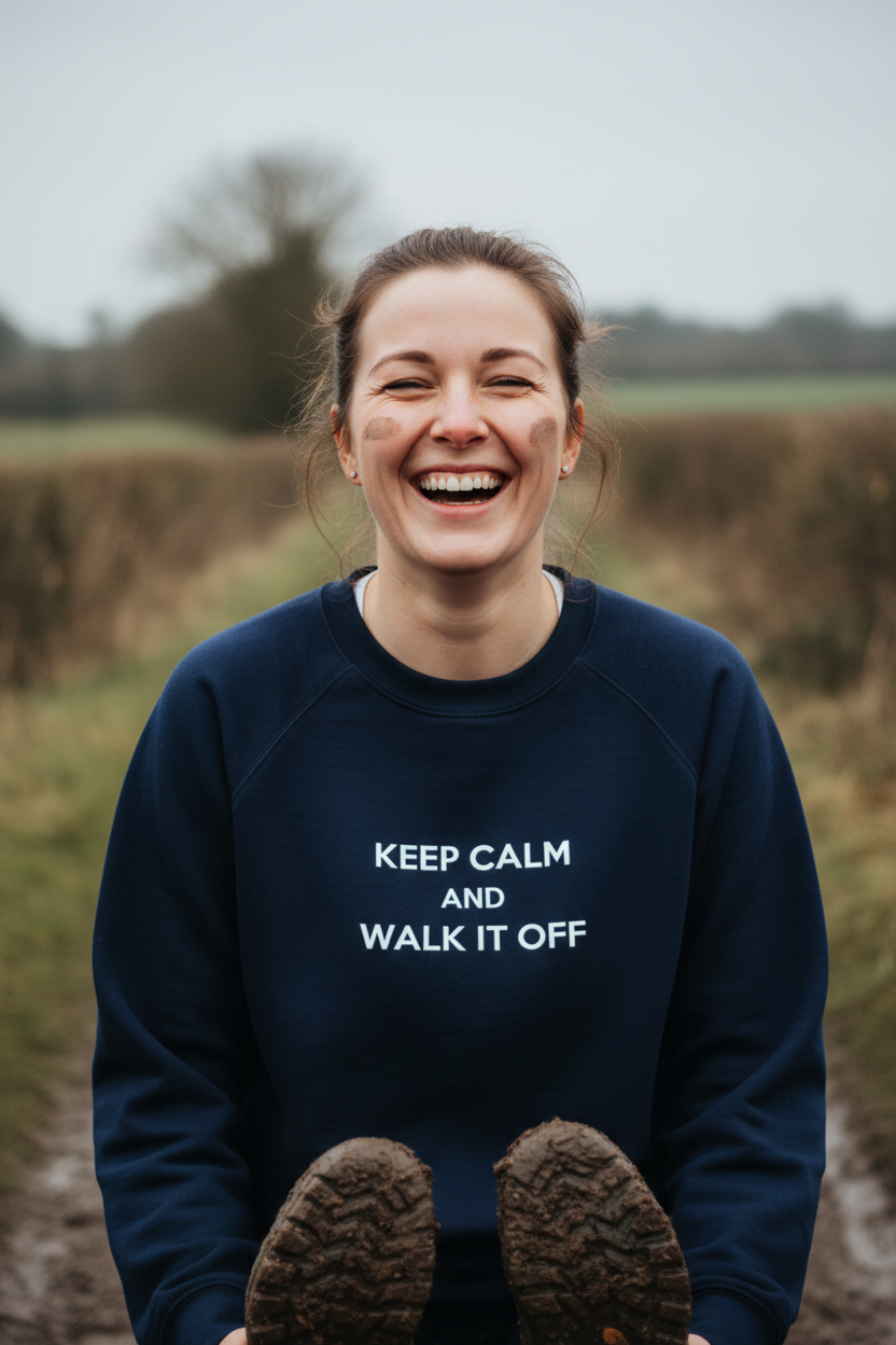 Navy crewneck sweatshirt with white text: KEEP CALM AND WALK IT OFF