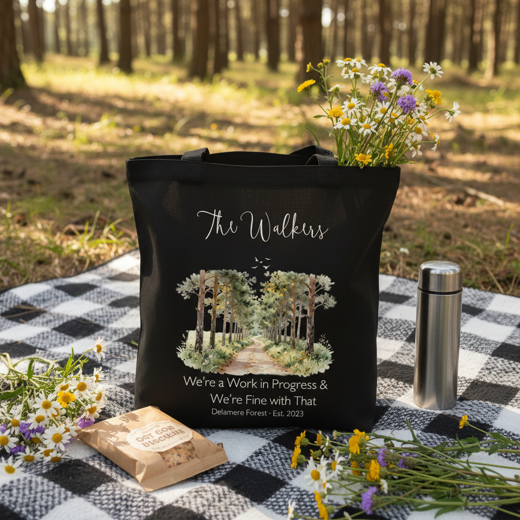 Black tote bag on picnic blanket with watercolor forest design and slogan text