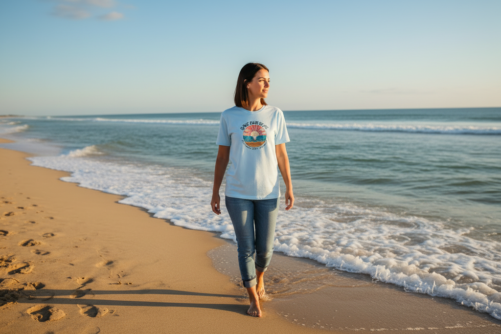 Light blue crew-neck T-shirt with circular Save Our Seas ocean sunset logo