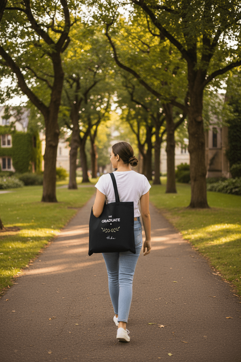 Black canvas tote bag with graduation design and handles, back view