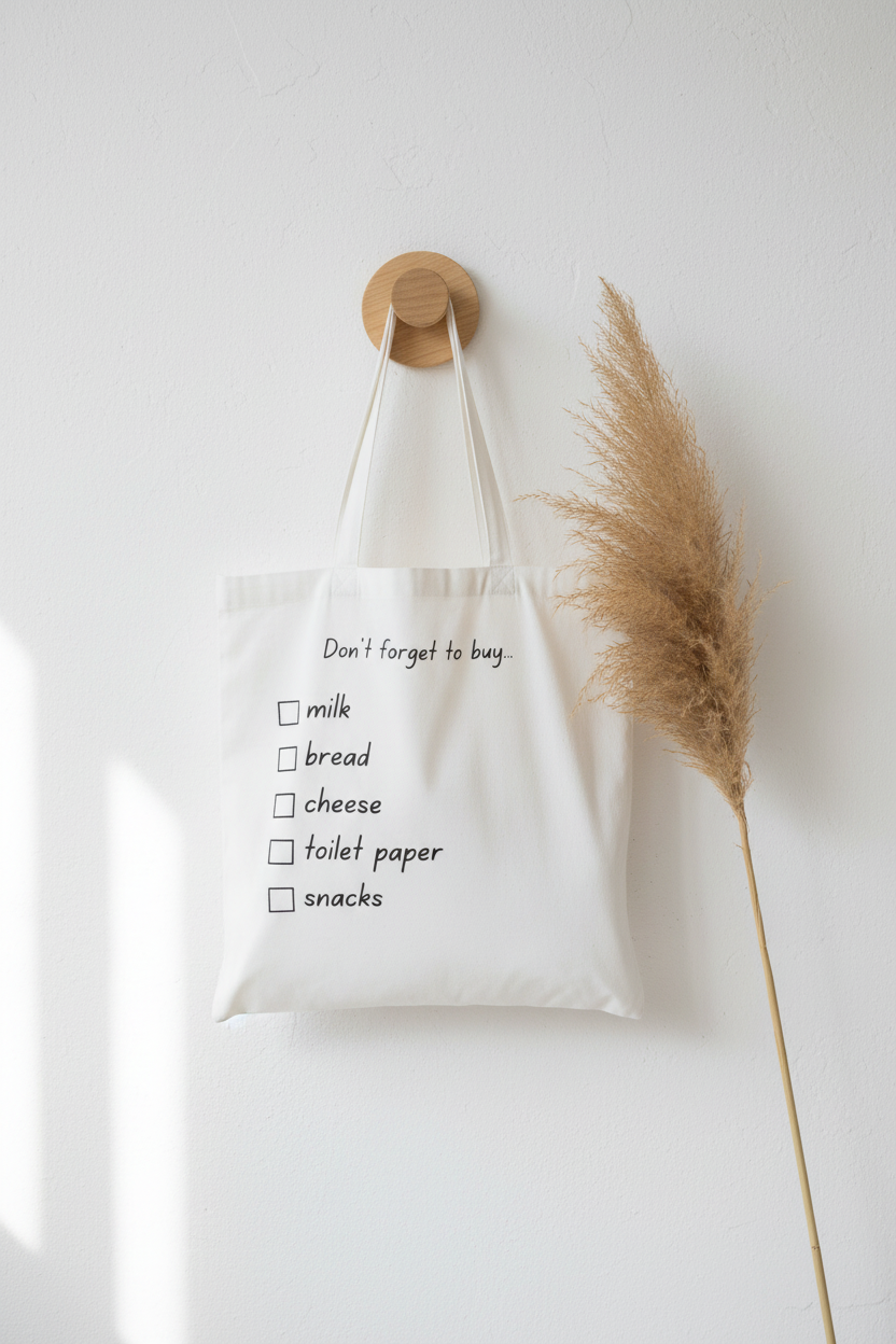 White tote bag with 'Don't forget to buy' checklist: milk, bread, cheese, toilet paper, snacks.