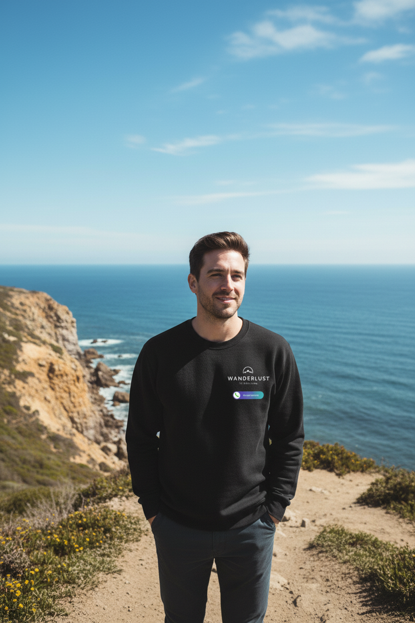 Black crewneck sweatshirt with small “WANDERLUST” chest badge, worn outdoors