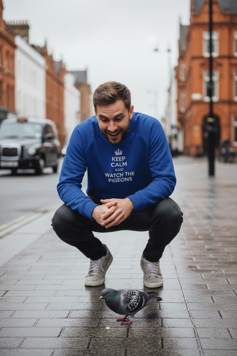 Blue crewneck sweatshirt with printed “KEEP CALM AND … WATCH THE PIGEONS” slogan