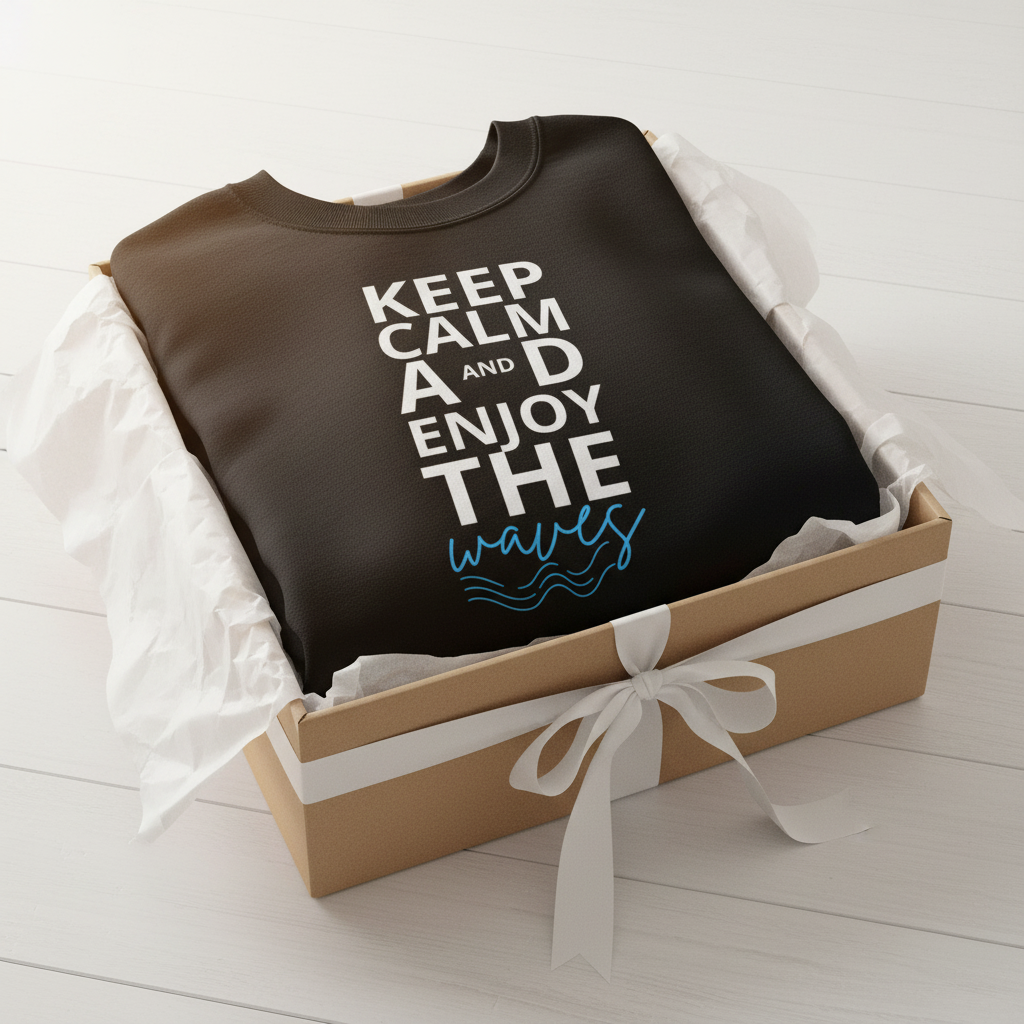 Black crewneck sweatshirt inside a gift box with bow, front shows “Keep Calm and Enjoy the waves”.