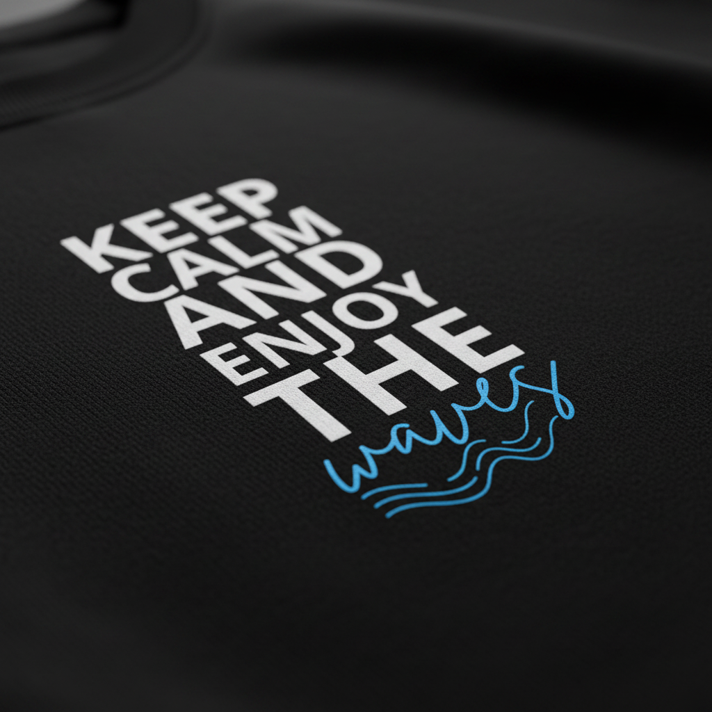 Close-up of black sweatshirt front print: “Keep Calm and Enjoy the waves” with wave graphic.