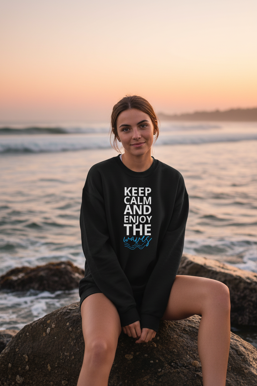 Black crewneck sweatshirt worn outdoors with “Keep Calm and Enjoy the waves” graphic.