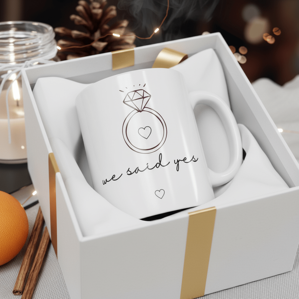 White ceramic mug with diamond ring graphic and 'we said yes' text, in open gift box