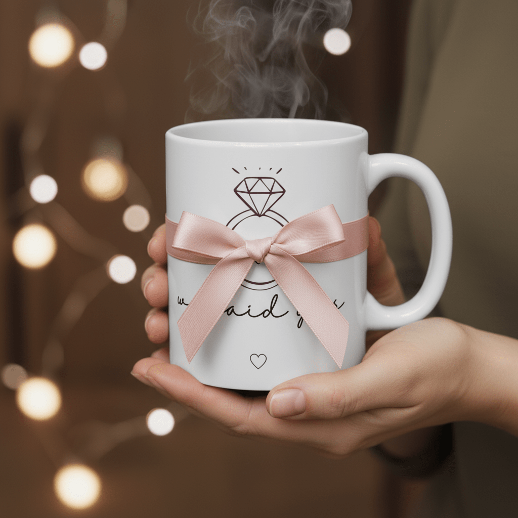 White ceramic mug with diamond ring graphic and 'we said yes' text, pink bow tied