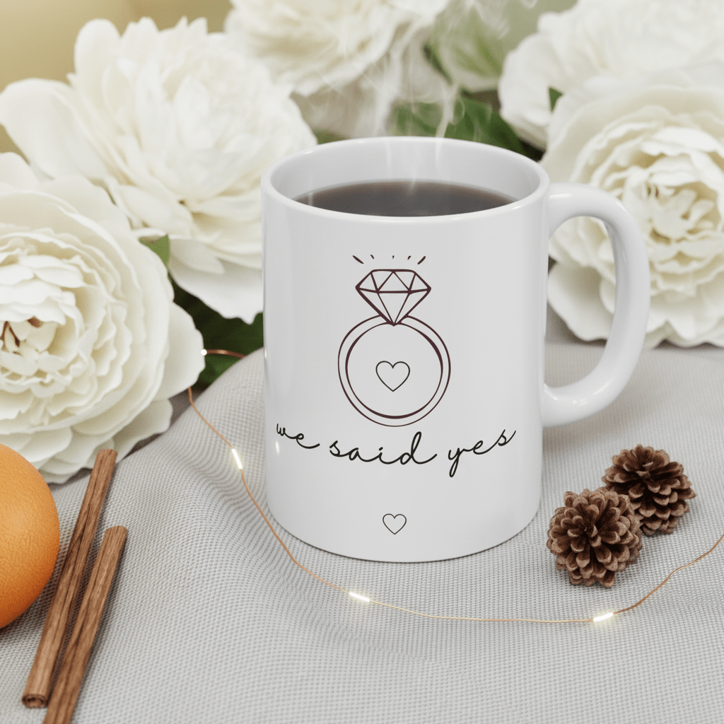 White ceramic mug with diamond ring graphic and 'we said yes' text, surrounded by flowers