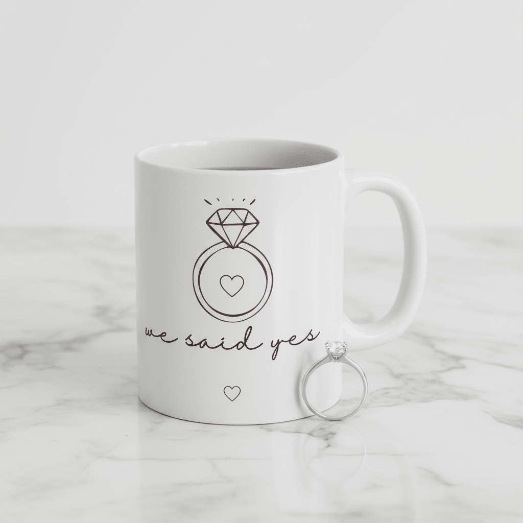 White ceramic mug with diamond ring graphic and 'we said yes' text, with ring beside