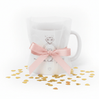 White ceramic mug with diamond ring graphic and 'we said yes' text, tulle wrap and pink bow